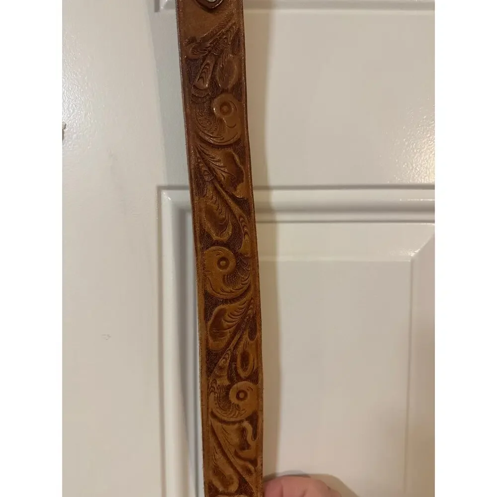 Hand-tooled Tan Leather Belt Floral Embossing and a Weatern-style buckle 49” - Picture 3 of 6